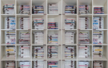 blurred background of white book shelf  in roomの写真素材