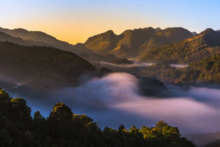 beautiful panorama scene of doi angkhang mountain  with mist in morningの写真素材