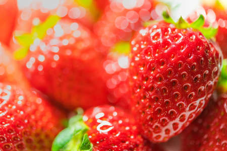 fresh delicious red strawberry with green leaf ,close-upの写真素材