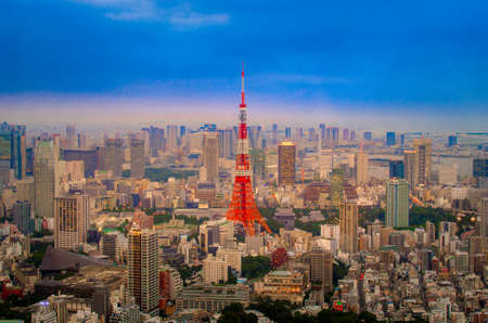 vibrant color anime color tone of tokyo tower .the communication send and receiver signal for TV and radio in Tokyo , Japanのeditorial素材