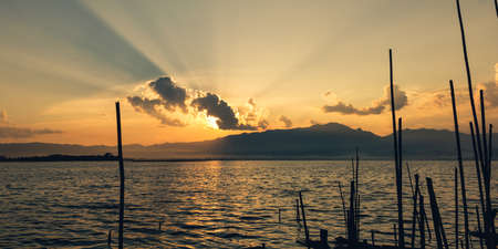 Silhouette timber in the lake with the mountain backgroundの写真素材
