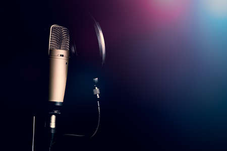 Professional condenser microphone with pop filter in black backgroundの写真素材