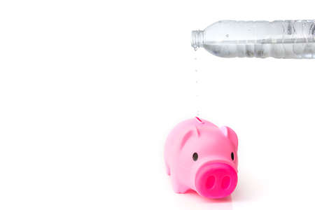 Isolate water bottle saving water in to pink piggybank on the white backgroundの写真素材