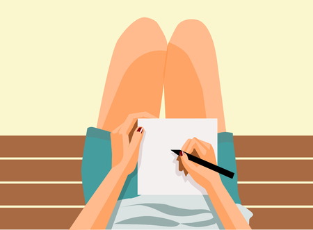 illustration of the girl sitting and writing on the bench. top viewのイラスト素材