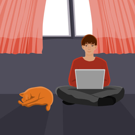 The man sitting cross legged using the computer with the sleeping cat in front of the window illustration.のイラスト素材