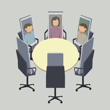 phones on chairs with humans on their screen in the conference room with round table, remote working while quarantine in covid-19 situation.のイラスト素材