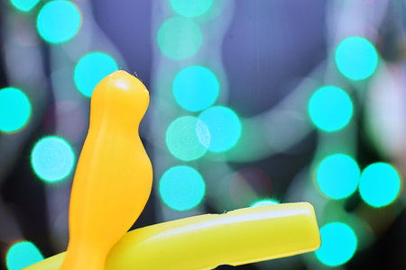 Yellow bird with abstract colorfull blurred lights dark background.