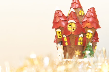 Christmas decorations with castle and snowman on white background, Xmas theme, space for a text