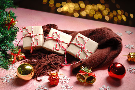 Christmas background with Xmas concept. Merry christmas card with box of gift. Winter holiday theme....