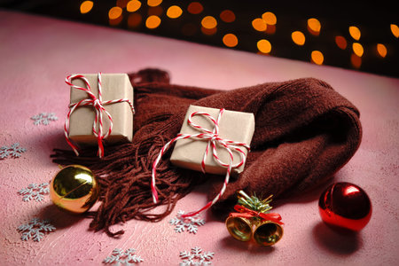 Christmas background with Xmas concept. Merry christmas card with box of gift. Winter holiday theme....