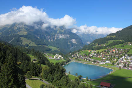 Beautiful view of lake and Alps mountain in Engelberg, Switzerlandの写真素材