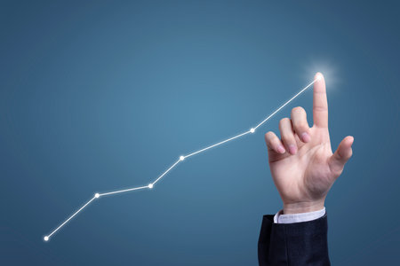 Success businessman with business growing graph growing virtual hologram of statistics, graph with...
