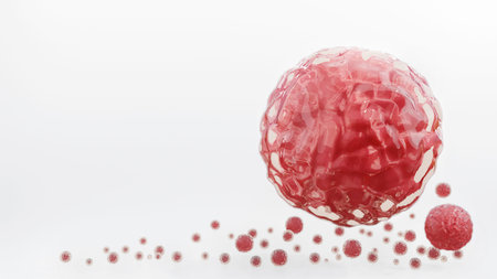 3d rendering of embryonic red stem cell, loosening raspberries and cracking on a white background.