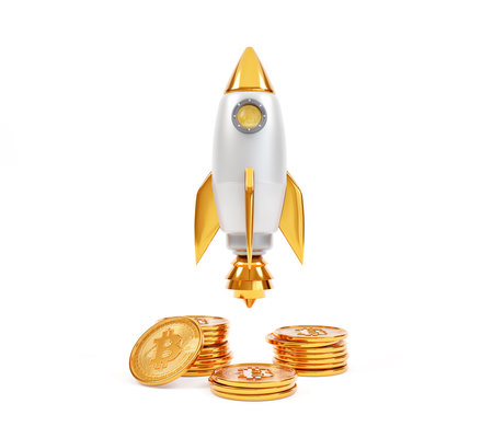 Bitcoins on various digital background, Cryptocurrency and Blockchain technology concept. 3d rendering.の写真素材