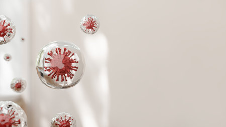 Coronavirus microscopic view symbol in red on black isolated, infectious disease, pandemic worldwide, new strain, SARS pandemic risk concept.の写真素材