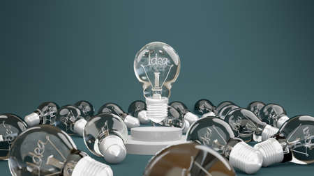 Idea, light bulb symbol with Product display stand on blue background innovate, knowledge and solution concept, 3d rendering.の写真素材
