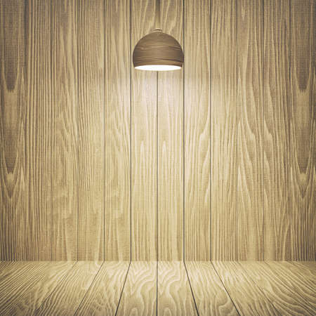 Wood table top on Wooden board backdrop with light bulb, Shop product display or design key visual layout background concept.の写真素材