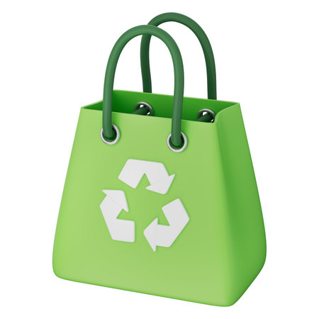 Green bag with recycle icon promotes eco friendly, reusable cloth bag, recycled plastic, waste solution, and sustainability for plastic recovery on white background, with clipping path 3d illustration.の写真素材