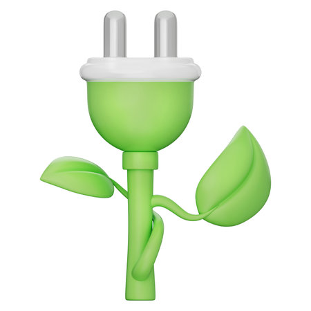 Eco power plug with leaf and plant design showing green energy, electricity saving, sustainable solution, smart energy, and renewable source on white background, with clipping path 3d illustration.の写真素材