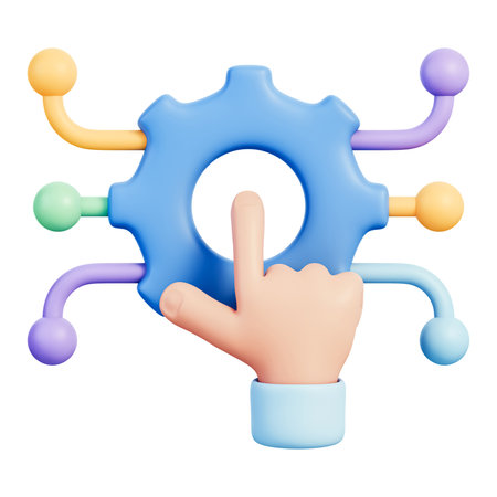 Finger touching gear icon with connected nodes symbolizing automation system, digital control and workflow integration concept. Isolated on white background with clipping path 3d illustration.の写真素材