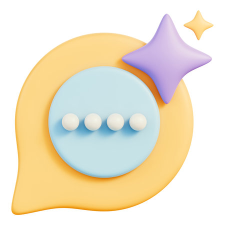 Chatbot bubble icon with typing dots and star sparkle symbol, artificial intelligence generated assistant for chat, message and conversation support. Isolated on white background, 3d illustration.の写真素材