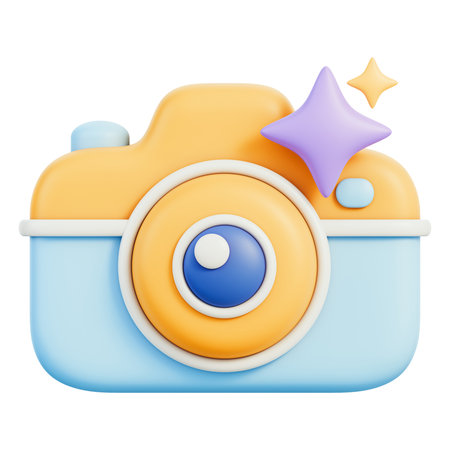 Camera icon with star sparkle magic lens shutter and focus, representing photo capture, photography, image editing and social media symbol. Isolated on white background, 3d illustration.の写真素材