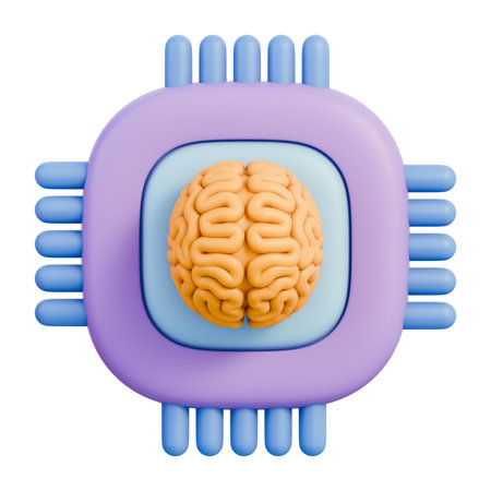 Brain microchip processor with neural network circuit, showing advanced computing, deep learning, digital system, big data, and performance technology. Isolated on white background, 3d illustration.の写真素材