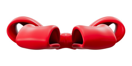 Red 3D minimal satin bow, luxury silk ribbon knot. Concept for gift wrapping decoration, special occasion present. Clipping Path Included. Isolated on white background, 3d illustration.の写真素材