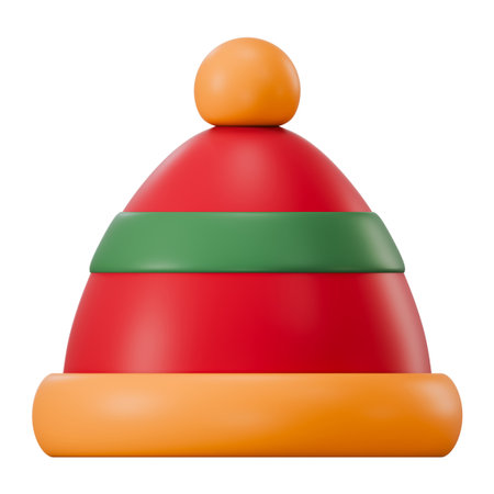 Red 3D minimal hat, realistic plush style with white fur. Festive costume accessory for holiday party prop. Isolated on white background, 3d illustration.の写真素材