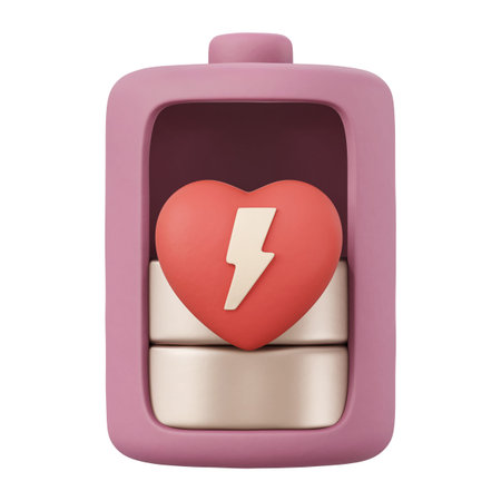 Love battery charging 3d illustration. Pink matte clay cell with red heart, gold lightning bolt for...