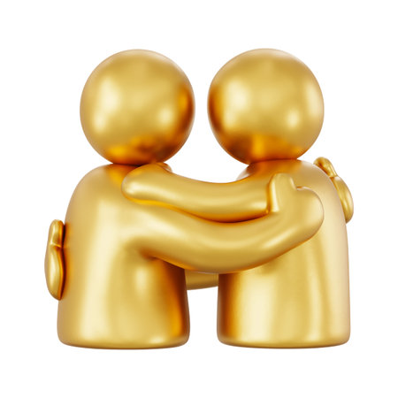 Golden people 3D illustration. Shiny metallic figures hugging for emotional support, mental health awareness, empathy and comfort. Isolated on white background with clipping path.の写真素材