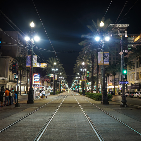 Symmetrical main street with railroad tracksのeditorial素材