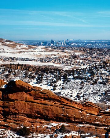 Cityscape of Denver, Colorado with snow all over during winterの写真素材