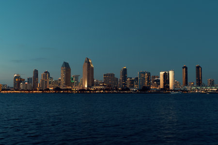 san diego city skyline with ocean in front of the buildings at twilightの写真素材