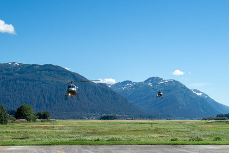 two helicopters about to land on vast green grass landscape with large mountains in background during a bright sunny dayの写真素材