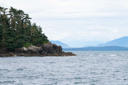 rocky landscape of an island meeting the sea in alaska or northern canada during the summer on cloudy dayの写真素材