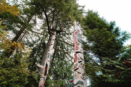 beautiful colorful totem at national or state park area showing cultural history during the dayの写真素材