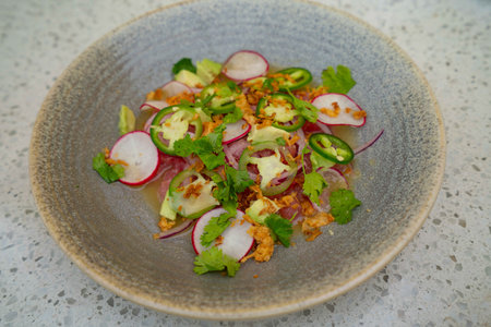 delicious tuna tataki with green jalapeÃ±os and radish - refreshing mealの写真素材