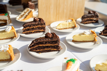delicious chocolate cake carrot cake and key lime pie pastries on the table spread out for people to eat at a dinnerの写真素材