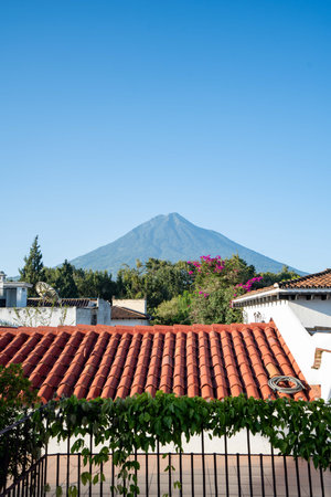 view of volcano behind balcony in a spanish villa during the dayの写真素材