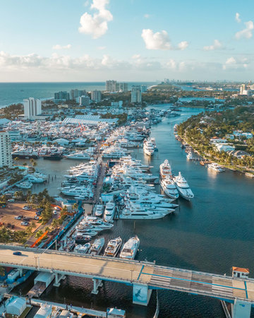 amazing wide capture of many boats getting ready for a boat show in south florida in fort lauderdaleの写真素材