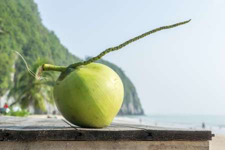 Fresh green coconut on wood tableの写真素材