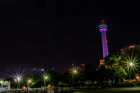 Yokohama Marine tower at night in Japanのeditorial素材