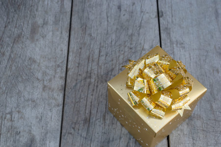 Top view of Gift box on wood backgroundの写真素材