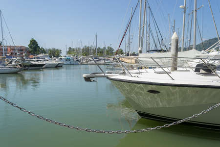 Luxury yacht moored at the boat lagoon in Phuket Thailandの写真素材