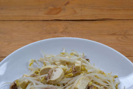 fried bean sprouts on wood table,Thai foodの写真素材