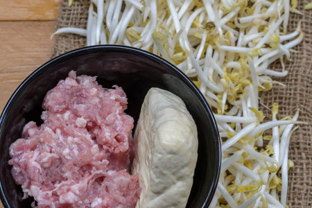 Tofu and pork chops prepared to use fried bean sproutsの写真素材