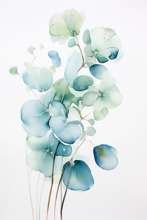 Eucalyptus and Hydrangea flowers on white backgroundの素材