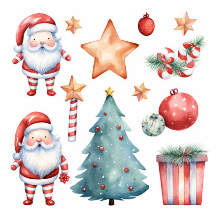 Watercolor Christmas set with Santa Claus, christmas tree, star, snowflakes, gift boxes, candy canes, stars and balls. Hand drawn illustration isolated on white backgroundの素材