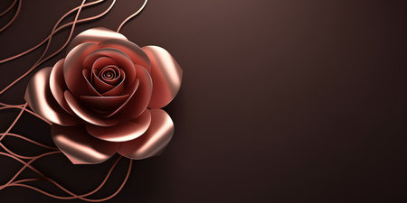 3d render of red rose with golden lines on dark brown backgroundの素材